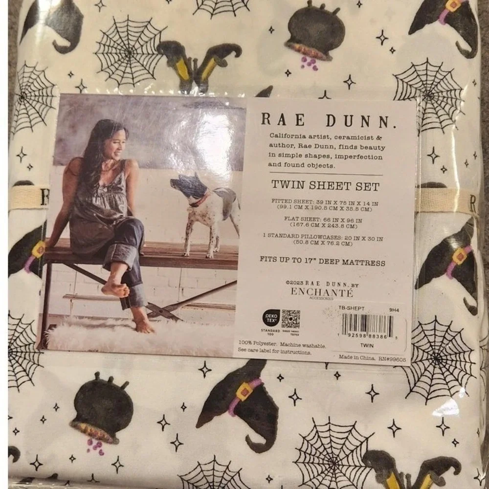 Rae Dunn Twin Sheet Set Witch Hats Spiderwebs White New 17in Deep Soft Bedding